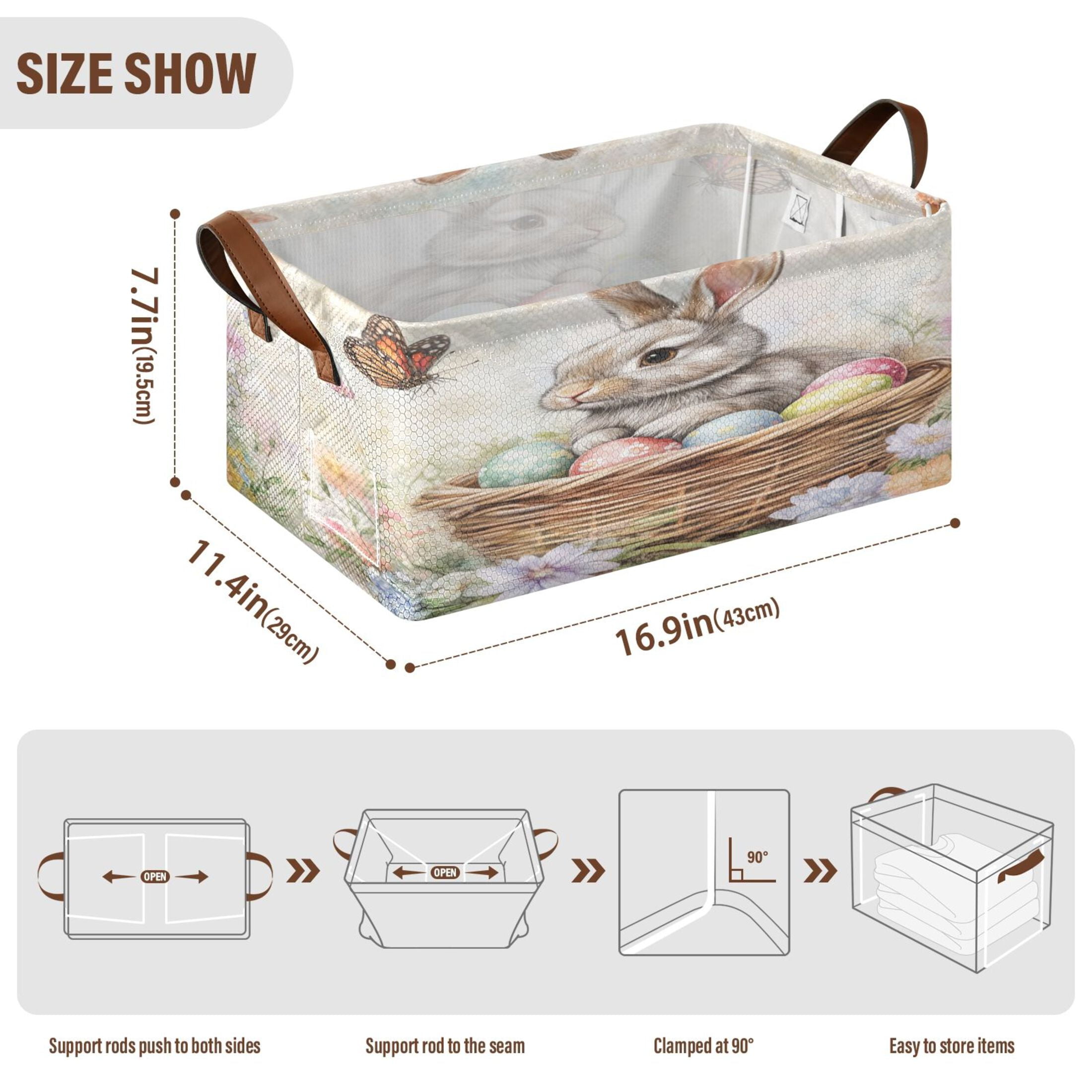 Wobogo Gray Easter Rabbit Storage Basket Soccer Plaid Fabric Oversized Collapsible Hoard Box with Metal Iron Frame 16.9×11.4×7.7in