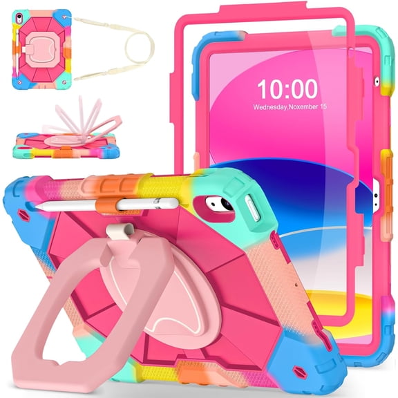 Case for iPad (A16) 11th/10th Generation 2025/2022 with Screen Protector Rotating Stand Pencil Holder Shoulder Strap Heavy Duty Shockproof Cover for iPad 10th Gen Case,Colorful Pink
