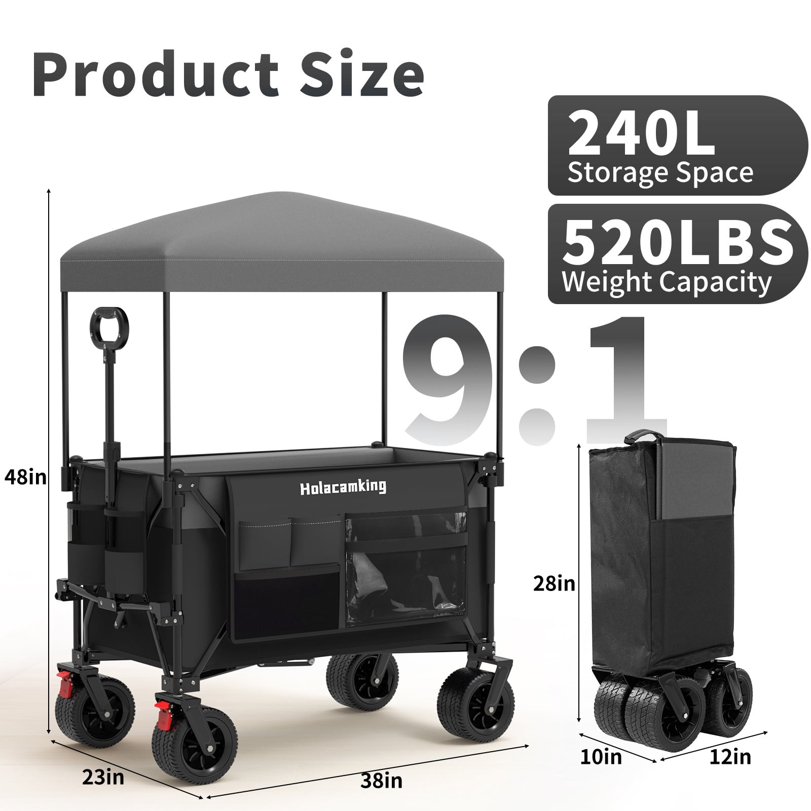 Foldable Utility Wagon with Canopy Awning 520 lbs Capacity All-Terrain Wheels Beach Camping Cart