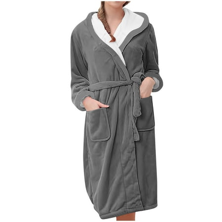 Lingerie Robe Women s Hooded Bathrobe Long Plush Flannel Robe Fleece Hooded Loungewear Soft Warm Sleepwear Robes with Pockets S-12 Gray 3XL