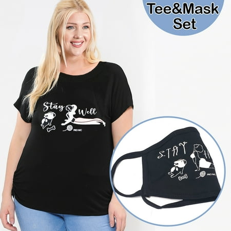 2Pcs Set Plus Size Women GRAPHIC TEE & PRINT RHINESTONE COTTON FACE MASK SET Made in USA 3XL