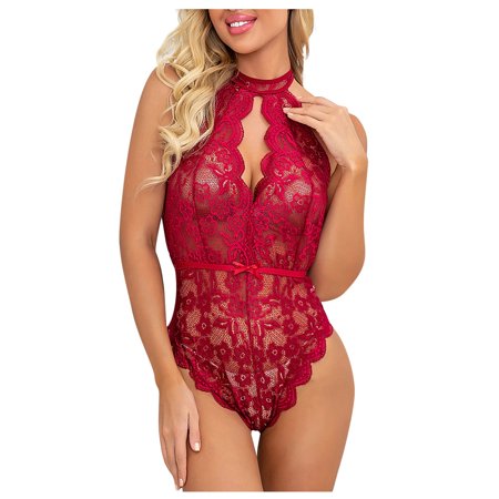 

BIZIZA Women s Lace Teddy Babydoll Lingerie Sexy Snap Crotch Sleepwear One Piece Hollow Out Eyelash Bodysuit Deep Red M