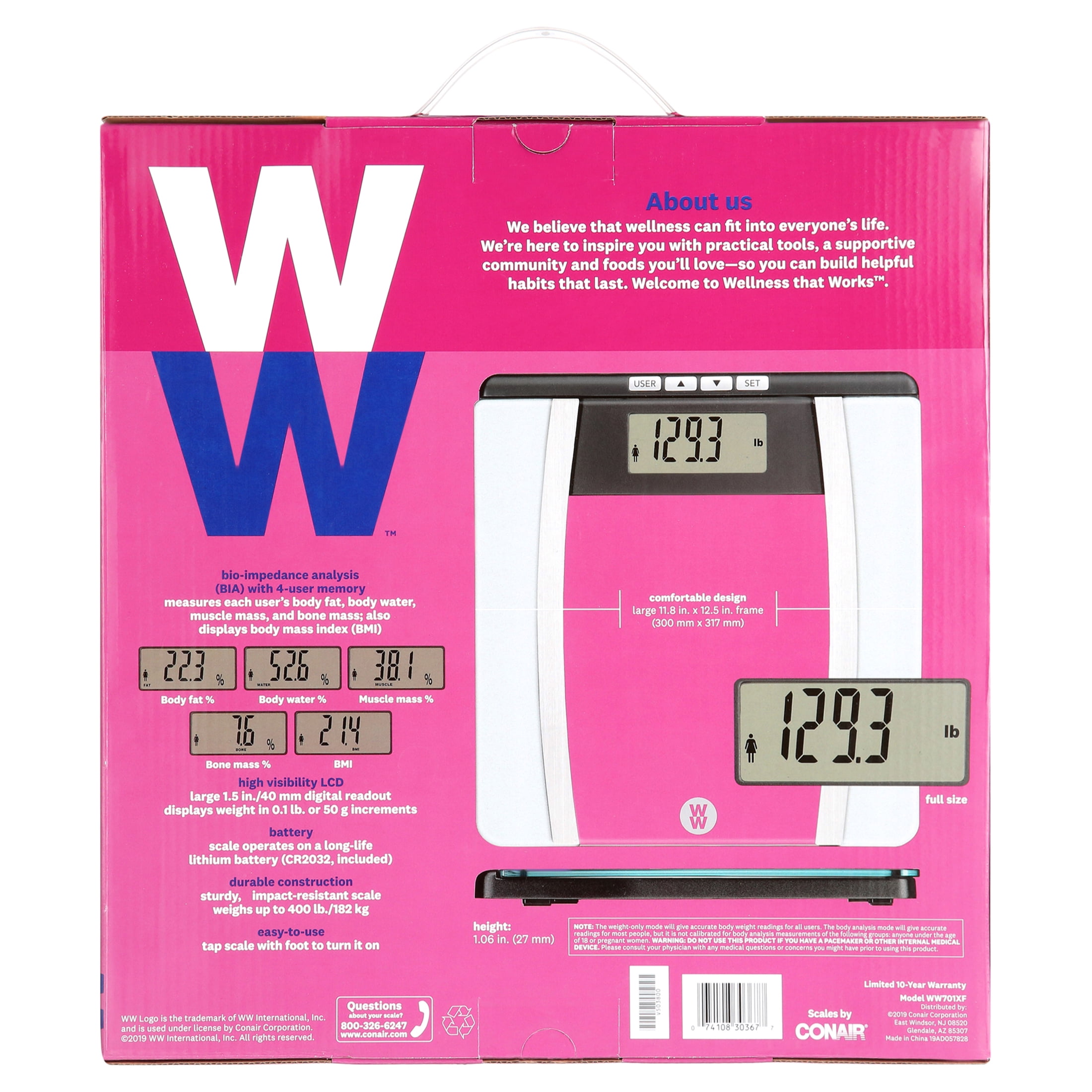 WW Scales by Conair Bluetooth Body Analysis Bathroom Scale Measures Body  Fat Body Water Bone Mass Muscle Mass BMI 9 User Memory 400 Lbs. Capacity