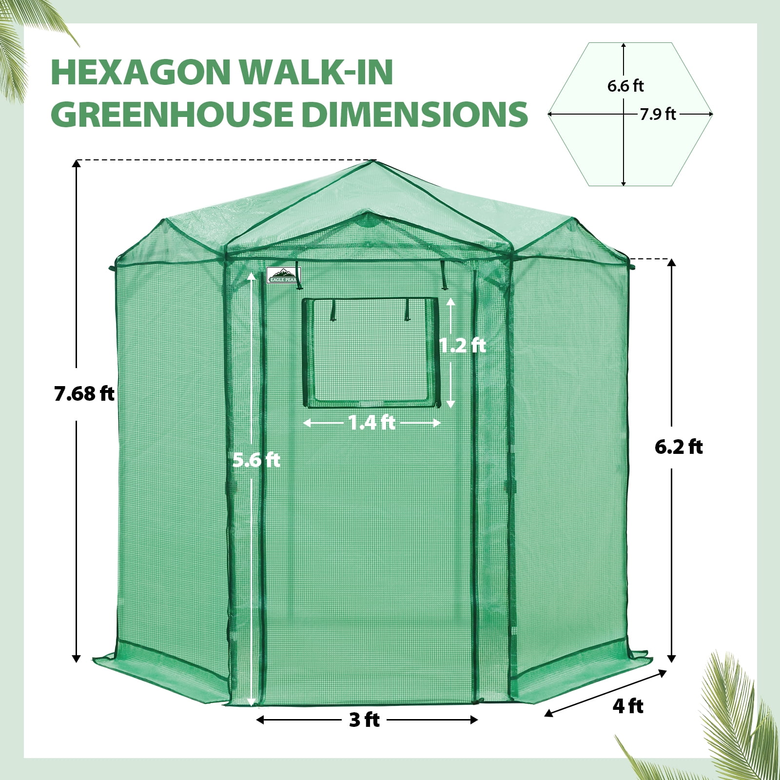 EAGLE PEAK 6.6x6.6 ft Hexagon Pop up Greenhouse, Portable Walk-in Grow Tent, All-Weather Plant Shelter, Green