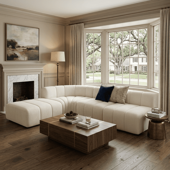 116"W Modern Semi-Curved Modular Sectional Sofa with Movable Ottoman,Vertical Stitched Chenille Cloud Sofa Couch for Living Room,No Assembly Required,Beige