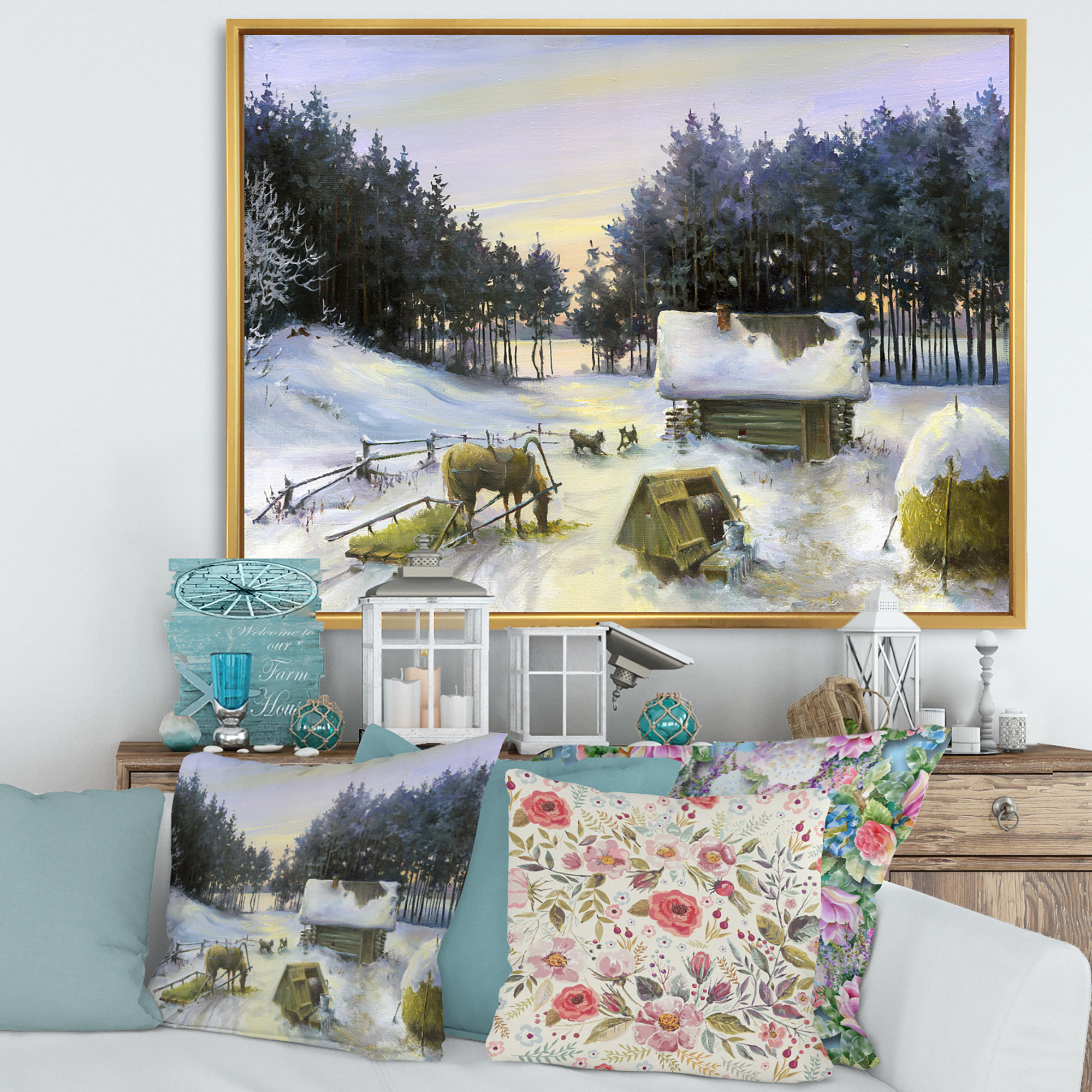 Designart 'Cottage Covered In Snow With Winterscene' Country Framed Canvas Wall Art Print