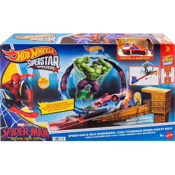 Hot Wheels Toy Car Track Set, Spider-Man & Hulk Smash Down Playset with 1 Die-Cast Superstar Speeders Vehicle, Race Through a Loop to Defeat Villains