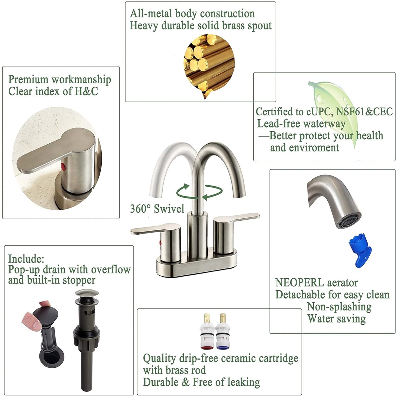 2 Handle Centerset Bathroom Sink Faucet Brushed Nickel with Drain Assembly, High Arc Modern 4 Inch Bathroom Vanity Lavatory Faucet 3 Holes with Brass 360° Swivel Spout,