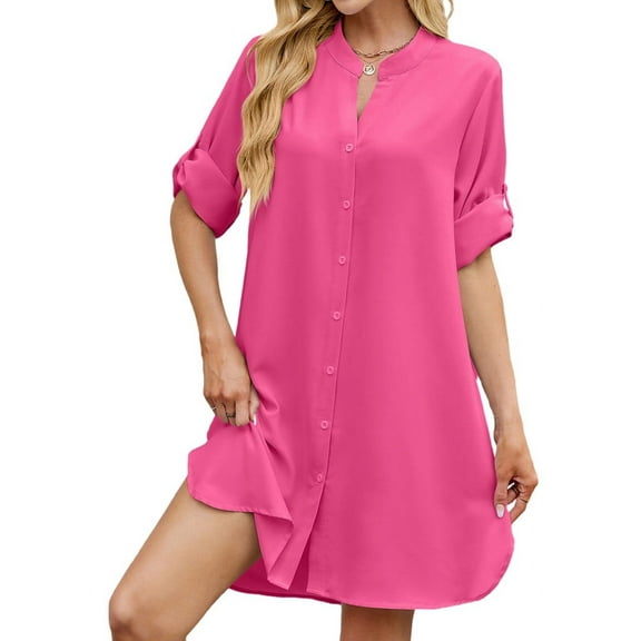 Womens Button Down Shirt Dress Oversized Casual Short Sleeve Collared V Neck Summer Mini Dresses Rose Red XL