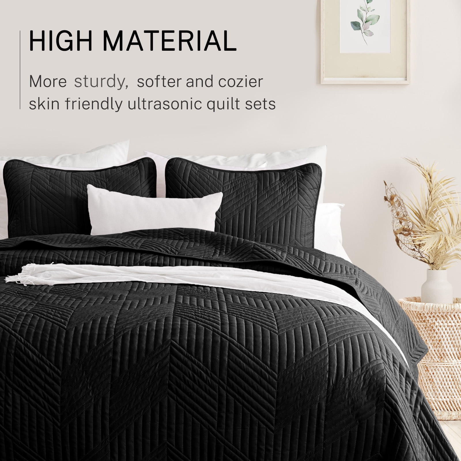 Exclusivo Mezcla Ultrasonic Full Queen Quilt Bedding Set, Lightweight Black Bedspreads Soft Modern Geometric Coverlet Set