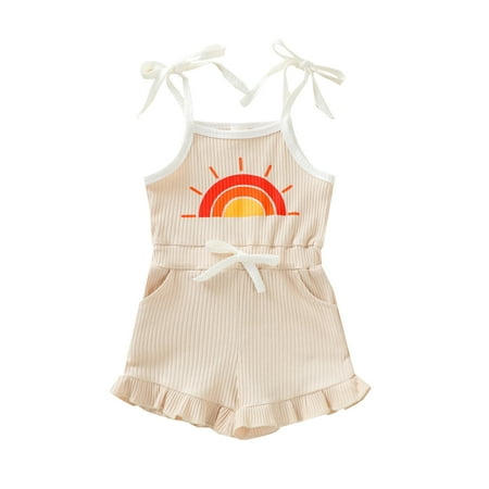 

Sunisery Newborn Baby Girls Tie Up Ribbed Romper Sun Spaghetti Strap Ruffle Jumpsuit Summer Sunsuit Outfits Beige 18-24 Months