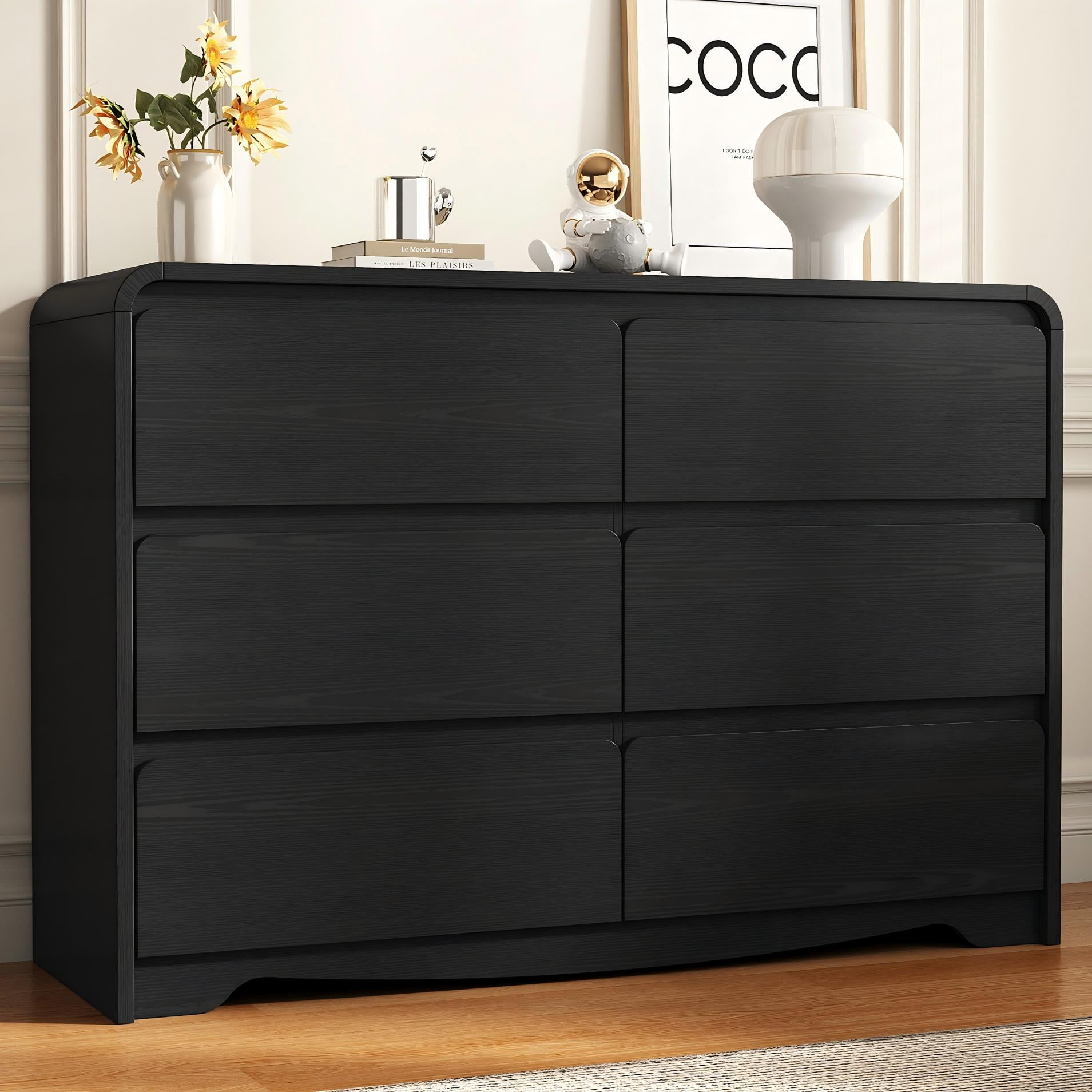 6-Drawer Dresser for Bedroom, 47-inch Wide Modern Minimalist Storage Chest with Safe Rounded Corners & Handle-Free Groove Design, Anti-Tip Anchor Included (Black)