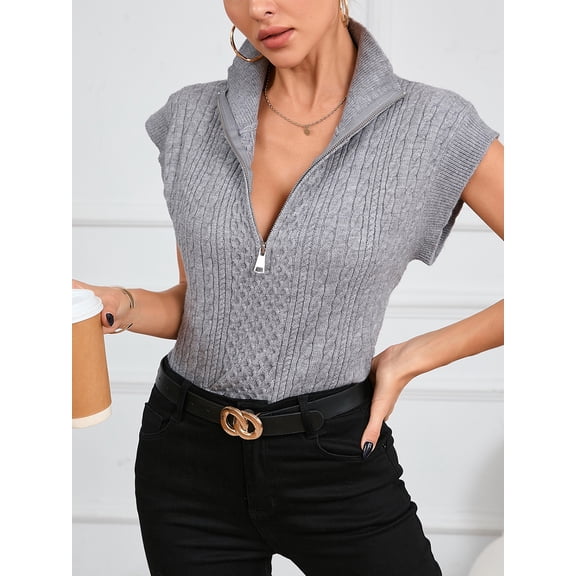 V for city style Womens Short Sleeve Cropped Knit tops Half Zip Cap Sleeve Lightweight Sweater Vest