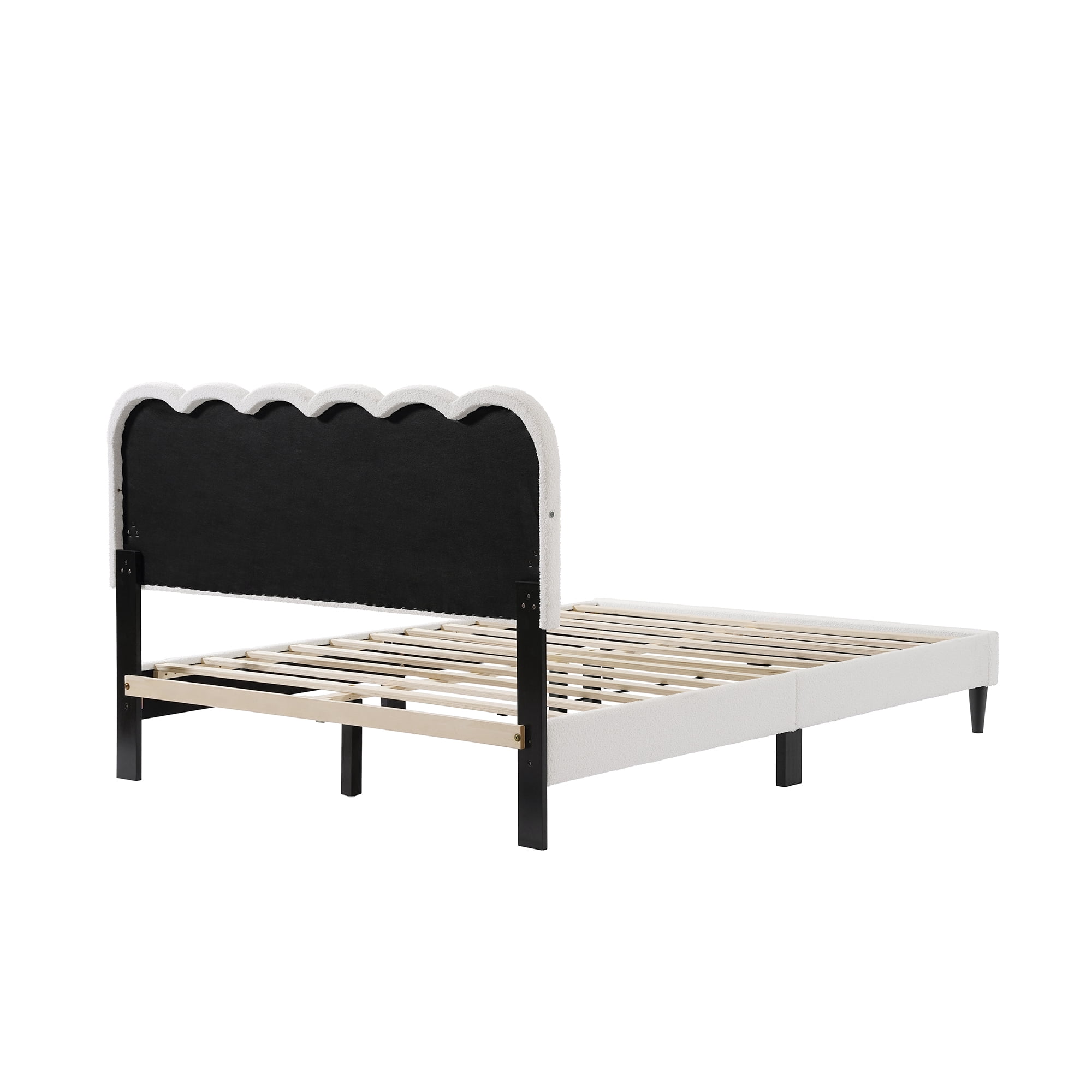 Mintazer Full Size Upholstered Platform Bed Frame with Scalloped Tufted Headboard and LED Light, Boucle Bed for Bedroom, No Box Spring Needed, White