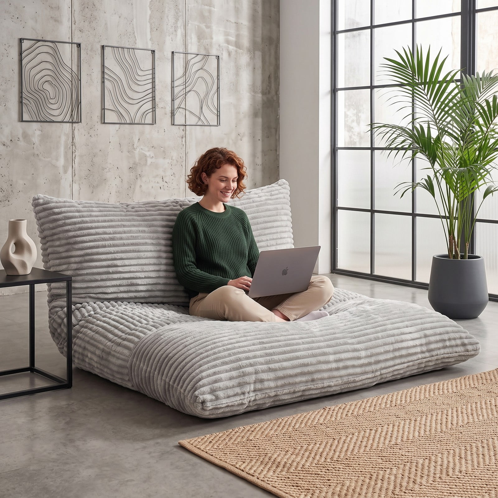 Furnibear Convertible Bean Bag Floor Sofa, Corduroy Machine-Washable Cover Shredded Foam Lounger Bean Bag Bed for Living Room Gaming Reading Dorm Naps, Gray