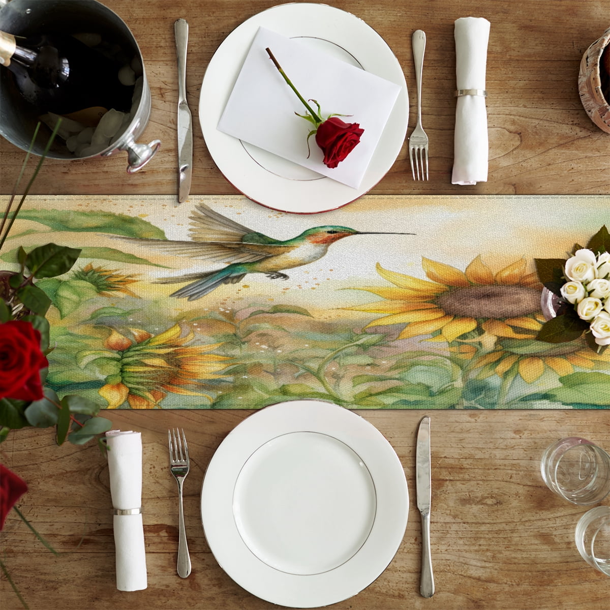 Qzaxky table runner Hummingbirds Print 13 x 48 Inch, Spring Summer Table Runner Green Floral Table Runner Decoration for Indoor Outdoor Home Dinner Party Wedding Decor