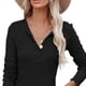 thumbnail image 2 of Blusa de mujer con cuello en V, manga larga, color puro, medio botón, blusa elegante y ajustada a la moda, negro L, 2 of 6