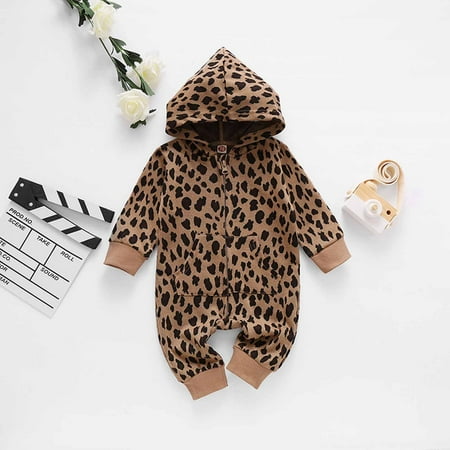

Deals！Loyerfyivos Baby Girls Romper Leopard Printed Boys Hooded Jumpsuit Toddler Long Sleeve Zipper Playsuit Hoodies