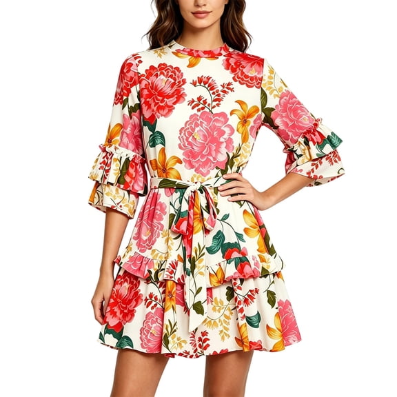 Fesfesfes Womens Dress Floral Print Round Neck Summer Dress Loose Casual 3/4 Sleeve Mini Sundress