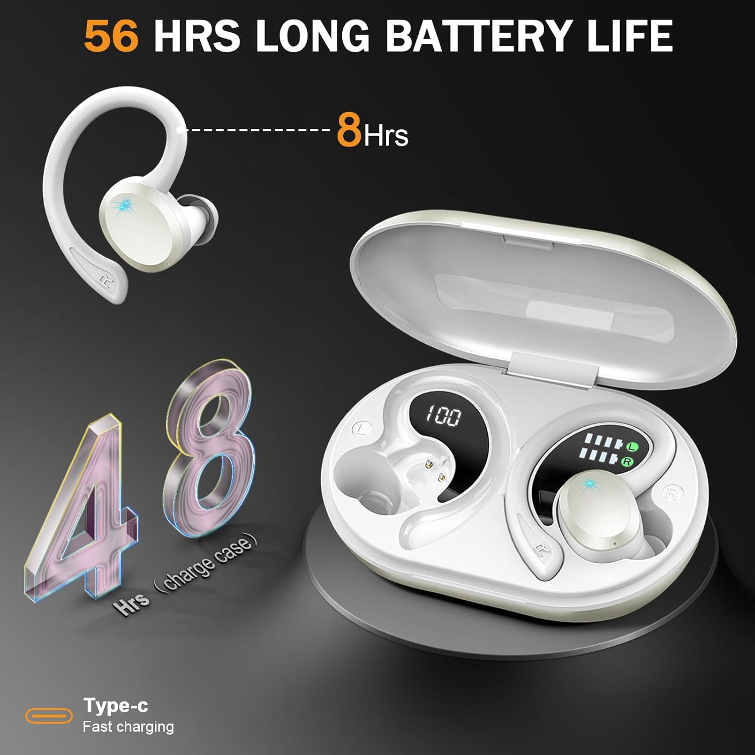 Wireless Earbuds Hi-Fi Bass Stereo 56H Noise Cancelling IPX7 Waterproof Sport Earphones with Earhook-White