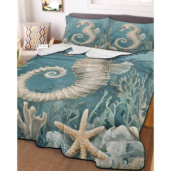Coastal Seahorse Blue Green Queen Size Down Alternative Comforter, Lightweight Comforter Quilt Bedding Set with Pillow Shams Summer Ocean Starfish Coral All Seasons Bed Comforter Duvet Insert 90"x96"
