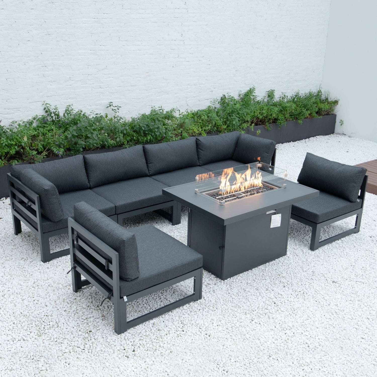 LeisureMod Chelsea 7Piece Patio Sectional And Fire Pit Table Black