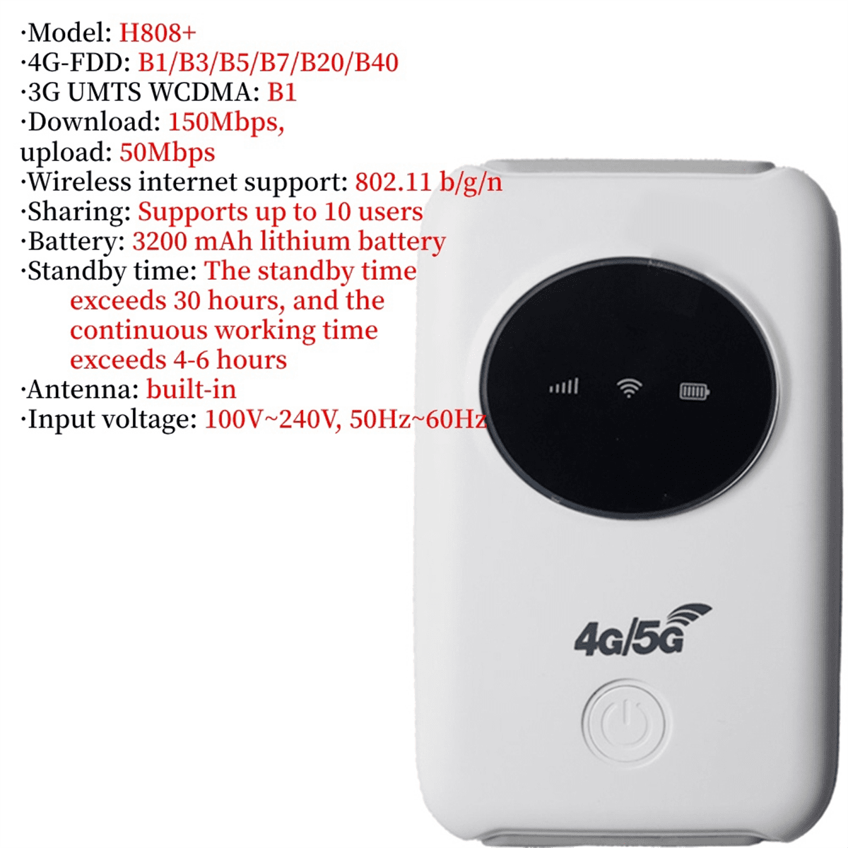 H808+ Mobile WiFi Router 4G Lte 150Mbps Portable Pocket Modem Mini Router with SIM Card Slot Hotspot for Outdoor Travel