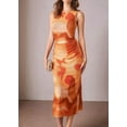 thumbnail image 4 of Floral Summer Dresses for Women Bodycon Sleeveless Midi Dress Side Slit Wedding Cocktail Party Dresses Orange Color M, 4 of 9