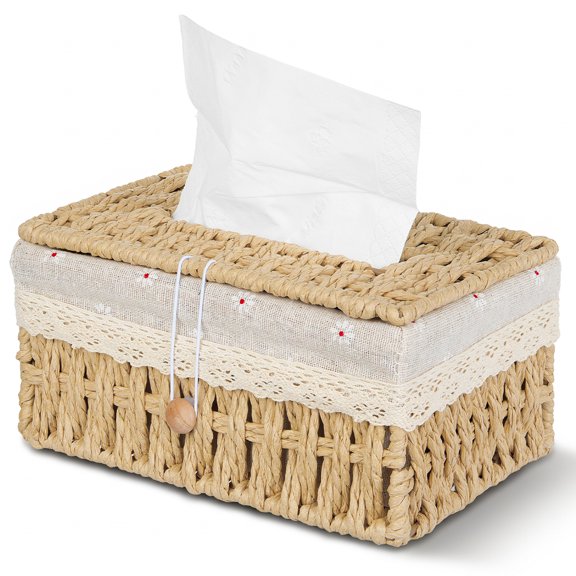 KIMERSE Hand-Woven Wicker Rectangular Tissue Box Cover, Bohemian Tissue Holder with Cotton Linen Liner for Bathroom Living Room Kitchen