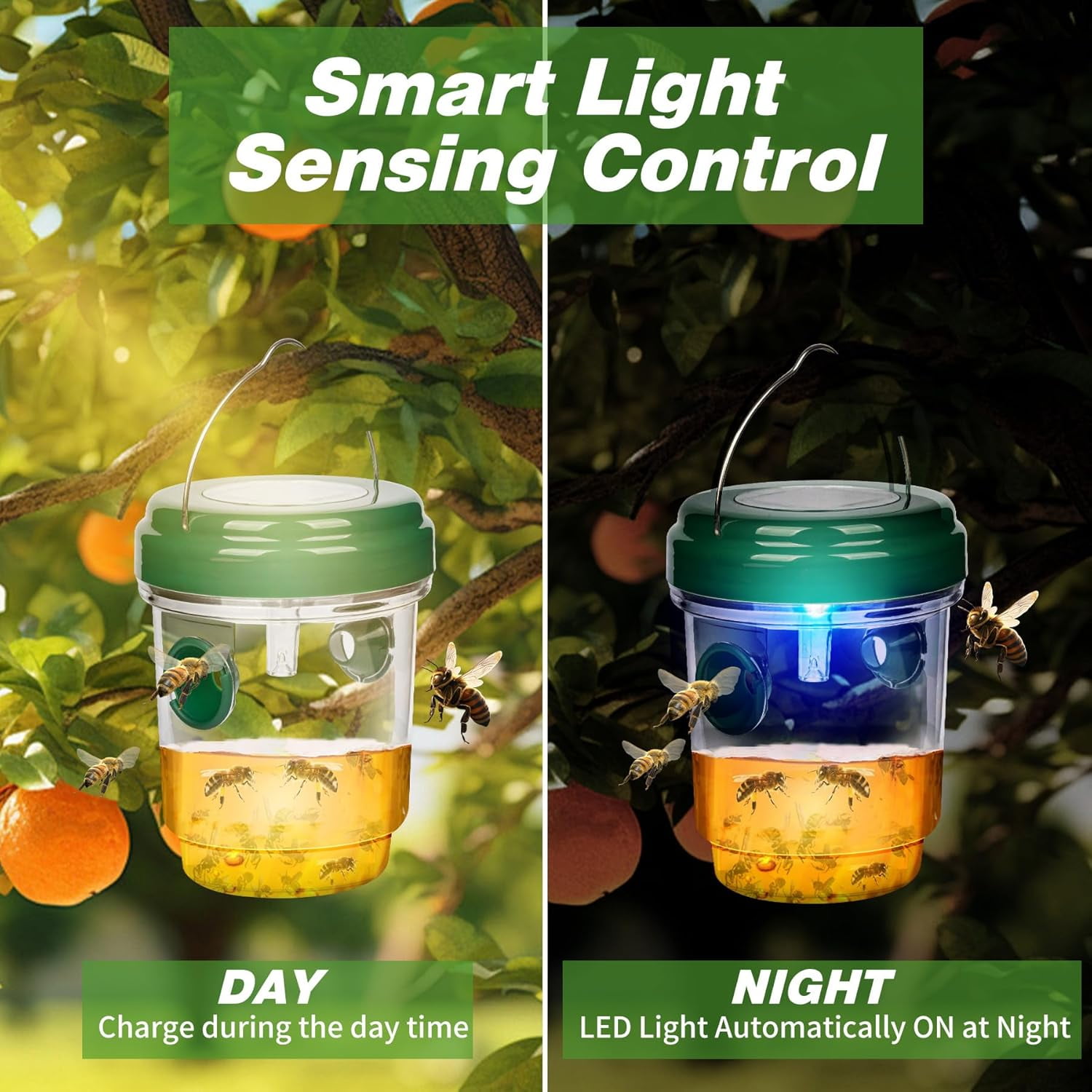 4 Pack Wasp Traps Outdoor Hanging, Solar Bee Trap for Outside with LED Light, Reusable Solar Powered Insect Traps for Garden, Patio, Porch, Backyard, Green