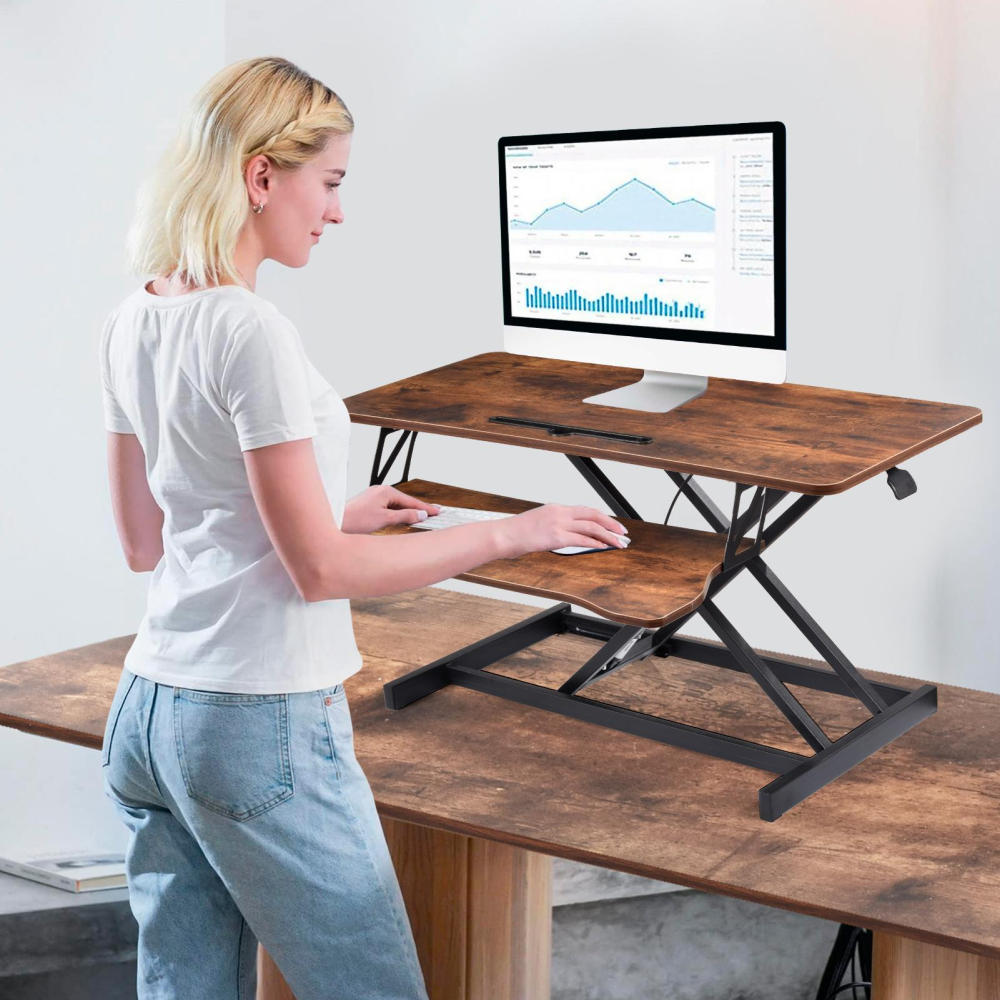 37 Inch Standing Desk Riser, Adjustable Sit to Stand Workstation with Keyboard Tray, 2 Monitor Desktop Converter for Home Office(Brown)