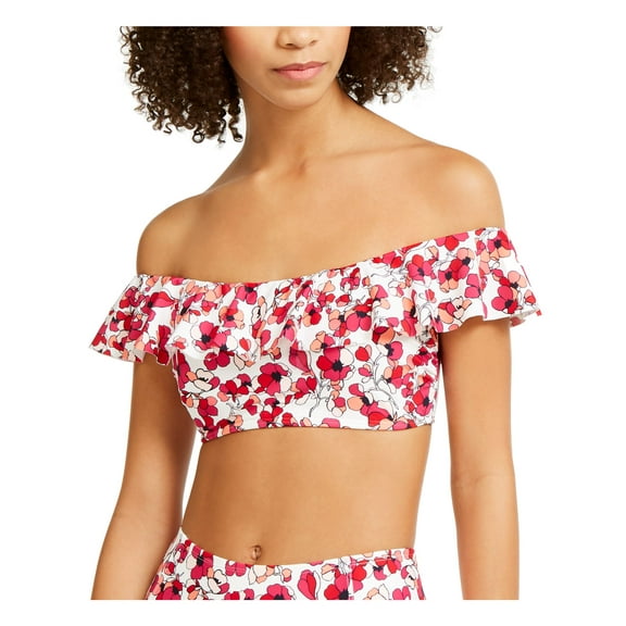 TOMMY HILFIGER Women's Pink Printed Stretch Ruffled UV Protection Off The Shoulder Swimsuit Top XS