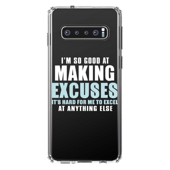 DistinctInk Clear Shockproof Hybrid Case for Samsung Galaxy S10  PLUS (6.4" Screen) - TPU Bumper Acrylic Back Tempered Glass Screen Protector - I'm So Good at Making Excuses