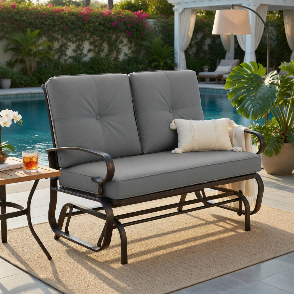 Hommoo 2-Person Outdoor Swing Glider Bench with Plush Olefin Cushions, Rust-Resistant Steel Frame, for Patio, Porch & Backyard Loveseat, Gray