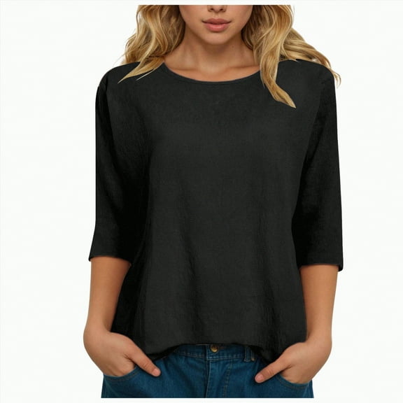 Godom Womens Tops Casual 3/4 Sleeve Crew Neck Shirts Loose Fit Tunic Blouses