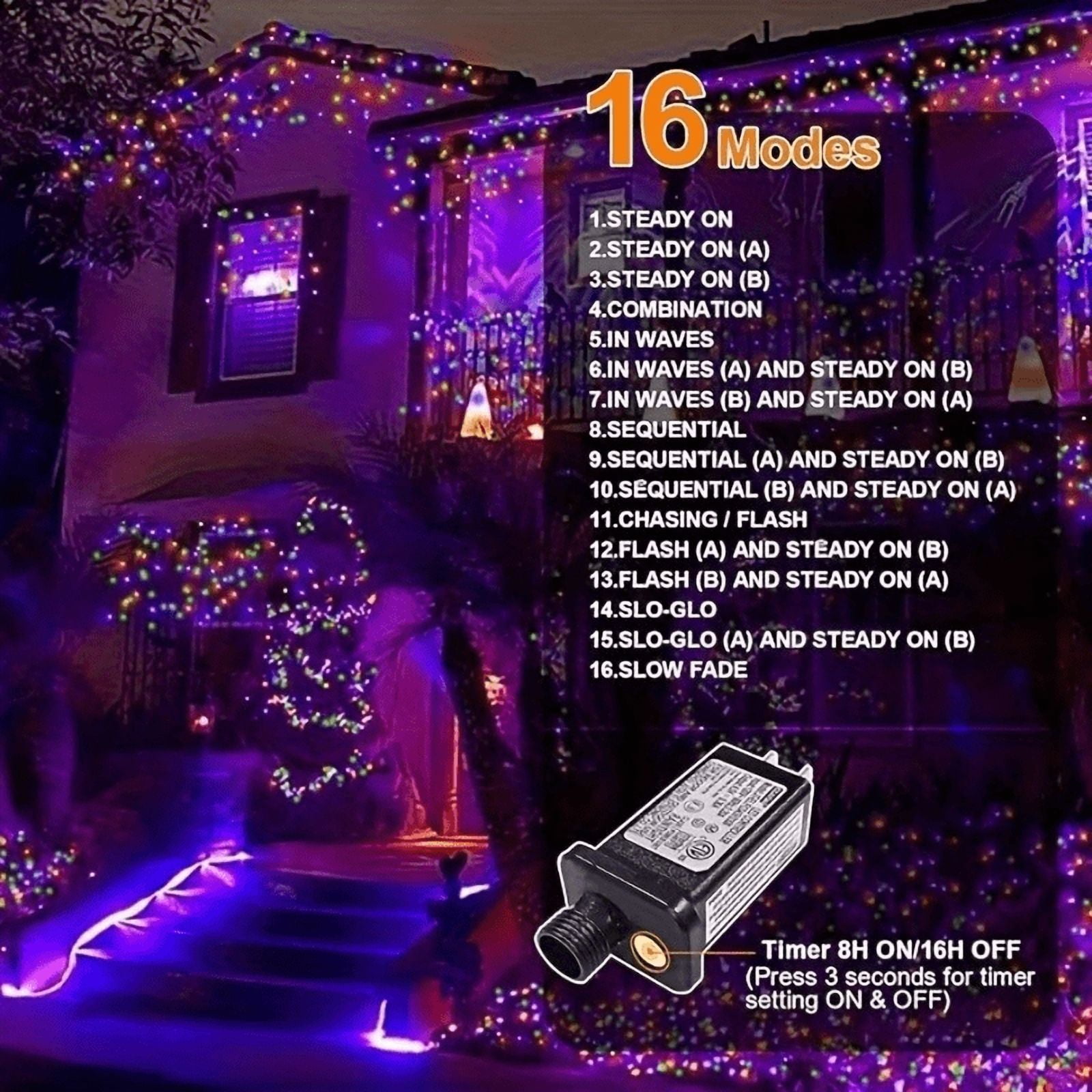 2 Pack Orange Purple Green Halloween String Lights Outdoor, 32.5FT 100 LED Waterproof Christmas Lights with 16 Lighting Modes for Halloween Garden Party Christmas Xmas Tree Lights Decor