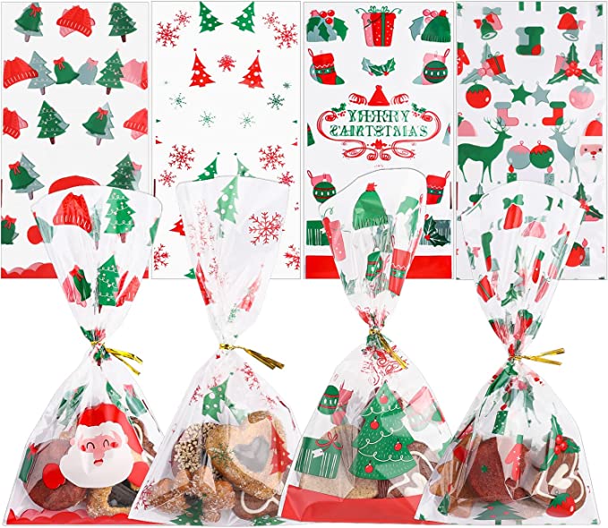 Christmas Cellophane Bags, 100 Pcs Xmas Candy Cookie Treat Bags with