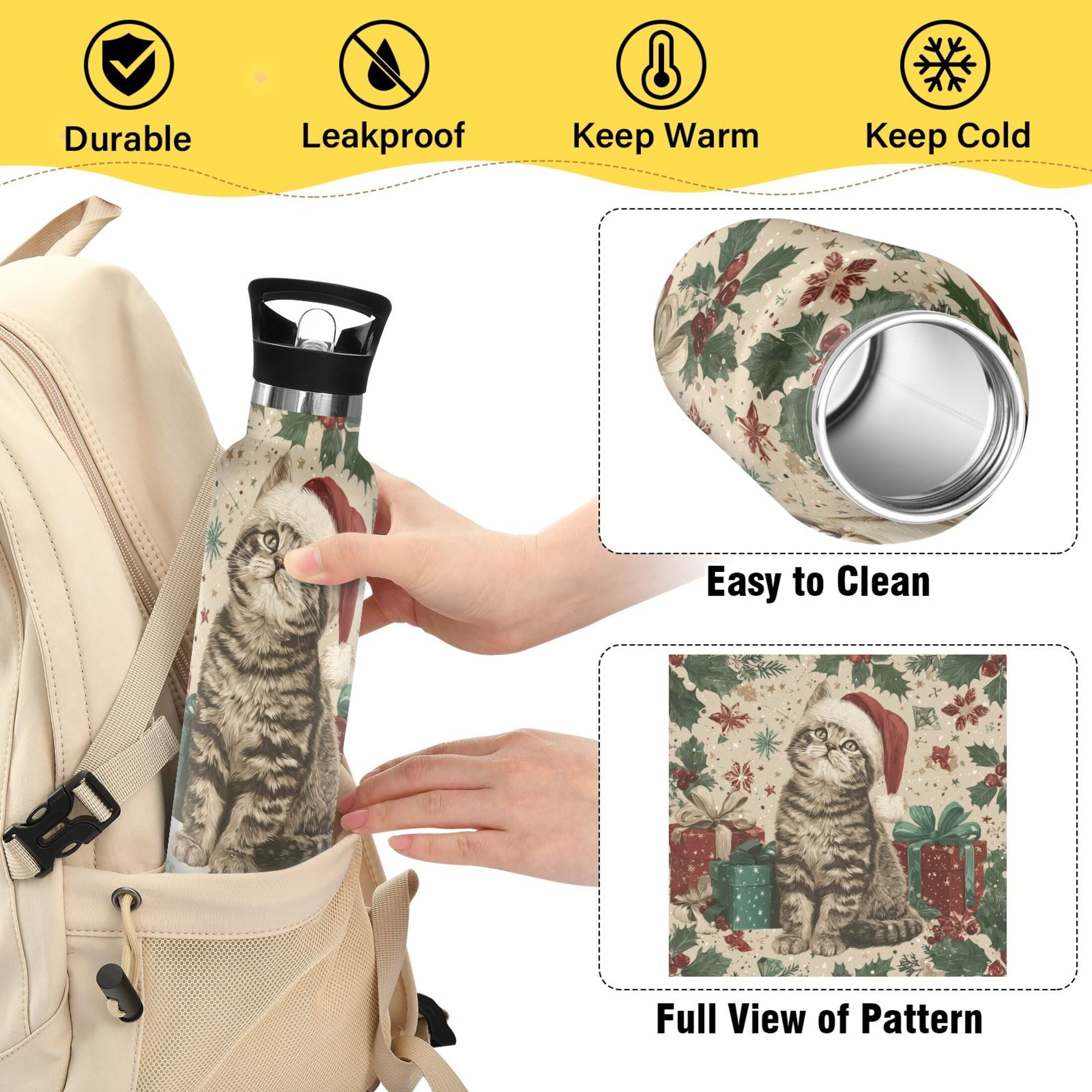 600ML Stainless Steel Insulated Cup Sports Water Bottle Portable Thermos Cup Water Glasses Insulated Tumblers Convenient and Durable Magical Christmas Black Cat