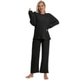 thumbnail image 3 of DAKIMOE Lounge Sets for Women Pajamas Long Sleeve Sleepwear Soft Nightwear 2 Piece Pjs Ribbed Knit Fall Winter Outfits Pockets, Black, S, 3 of 9