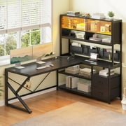 SEDETA L Shaped Gaming Desk, Home Office Computer Desk with 2 Drawer and Bookshelf, L Shaped Gaming Desk with LED Light, Glass Cabinet and Storage Bag, Corner Desk with Storage Shelves, Black