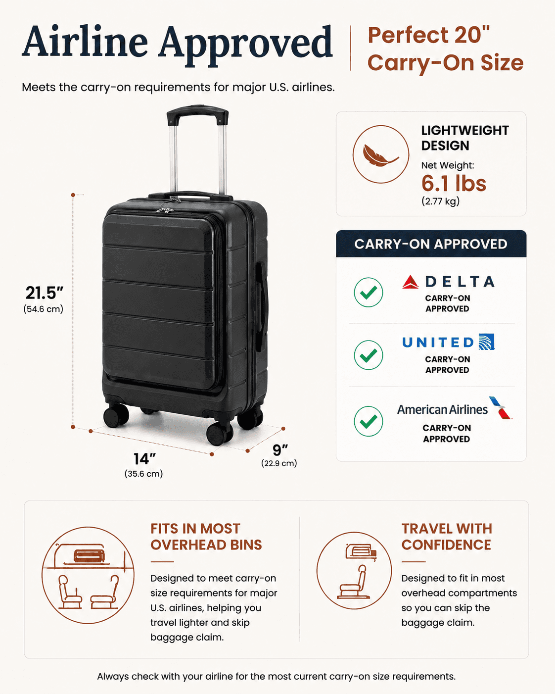 3 Piece Set Carry-On Airline Approved Luggage,Hardside TSA Lock Spinner Suitcase with Travel Bag and Toiletry Bag,Black - FX-Lite