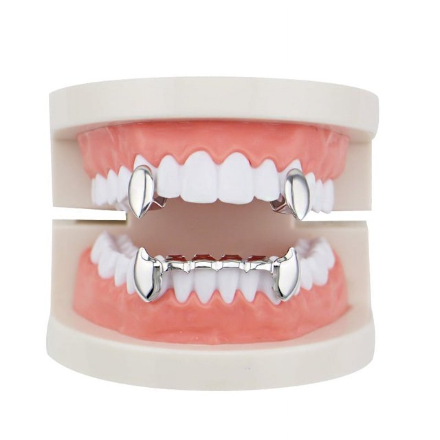 Juego de 2 dientes de vampiro Drácula chapados en oro de 18 quilates