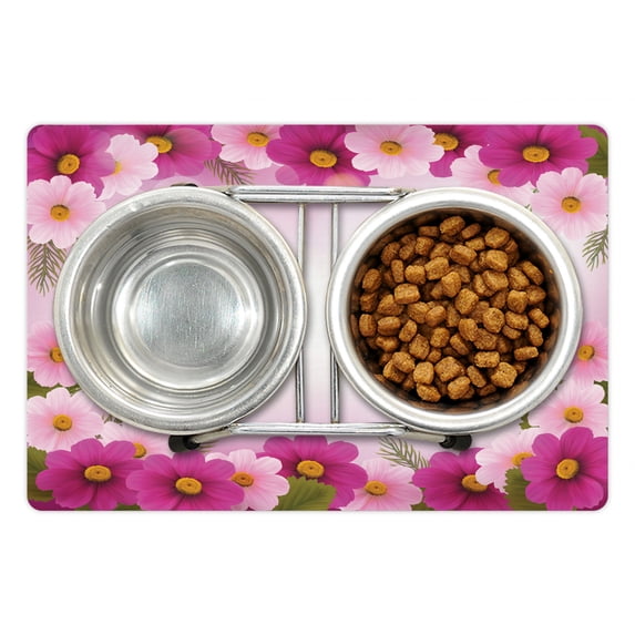 Pink Pet Mat for Food and Water, Framework with Romantic Daisies Valentine's Day Design Celebration Theme, Non-Slip Rubber Mat for Dogs and Cats, 18" X 12", by Ambesonne