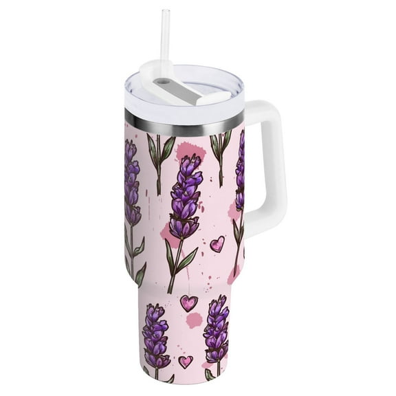 JSTEL Lavender Flower Floral Heart 40 oz Tumbler Stainless Steel Water Bottle Vacuum Insulated Cup with Straw Lid & Handle For Travel Car Cup Holder