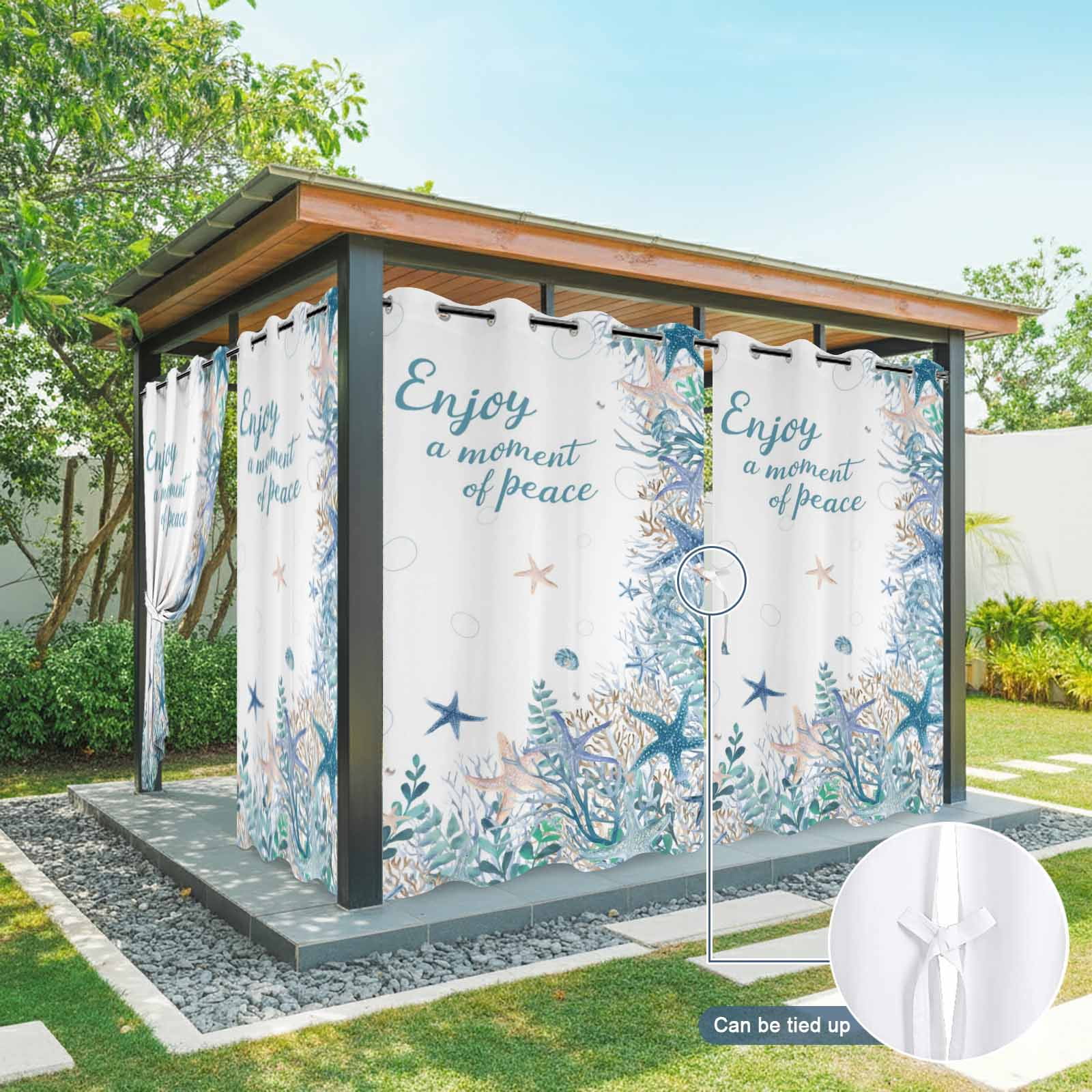 Ocean Life Outdoor Curtains for Patio, Blue Starfish Coral Eucalyptus Leaves Enjoy A Moment F Peace Sunshade Privacy Drapes Grommet Waterproof Outside Curtains for Porch Balcony 54"x108", 1 Panel