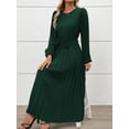 thumbnail image 3 of Women's Pleated Round Neck Long Sleeve Belted Dress in Silhouette 100% Polyester for Everyday Wear Elegant Comfortable, 3 of 15
