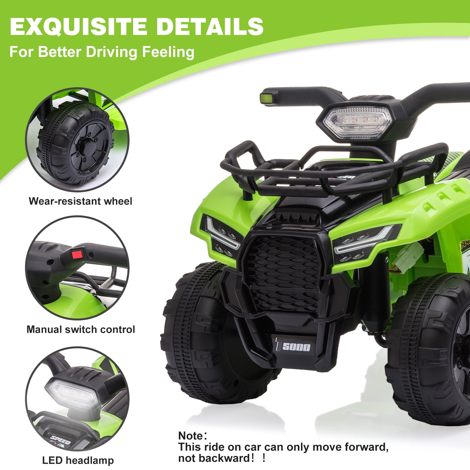 Kids Ride on ATV 6V Battery Powered, 4 Wheeler Electric Vehicle with Horn, MP3, Headlight, Best Gift for 18-36 Months Boys Girls, Adjustable Volume USB Toy Car（Green）