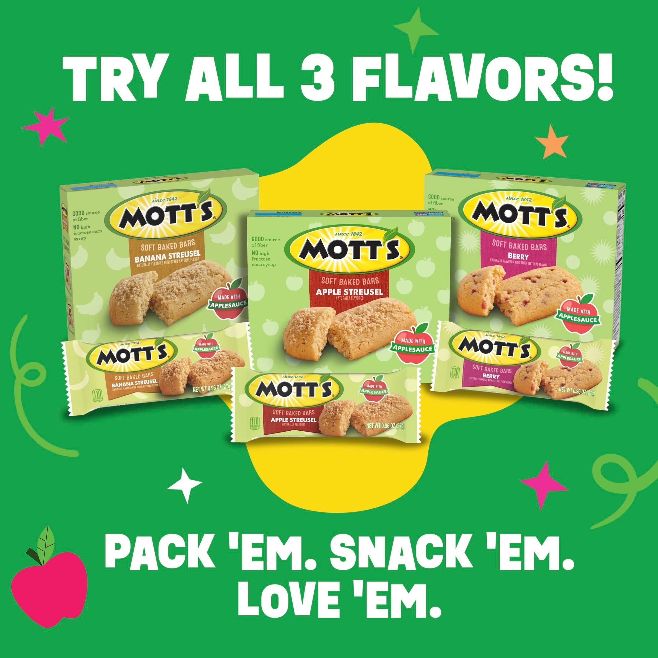 (4 pack) Mott's Soft Baked Bars, Berry, Made with Applesauce, 6 Count, 5.76 oz