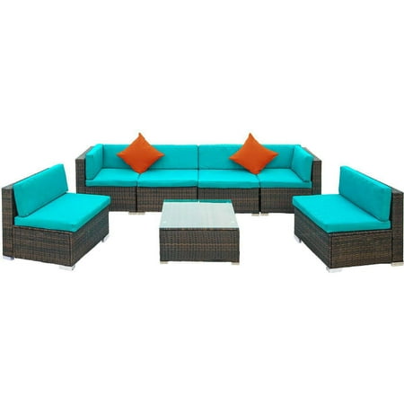 Summer Winds Outdoor Patio Furniture Clearance! 7PCS Patio Set, Outdoor Couch with 6PCS Weather Resistant Cushions, 2 Pillows, Tempered Glass Tabletop , Sofa Wicker Conversation Set for Garden Lawn Pool Backyard Outdoor , Blue, Q4066 ()