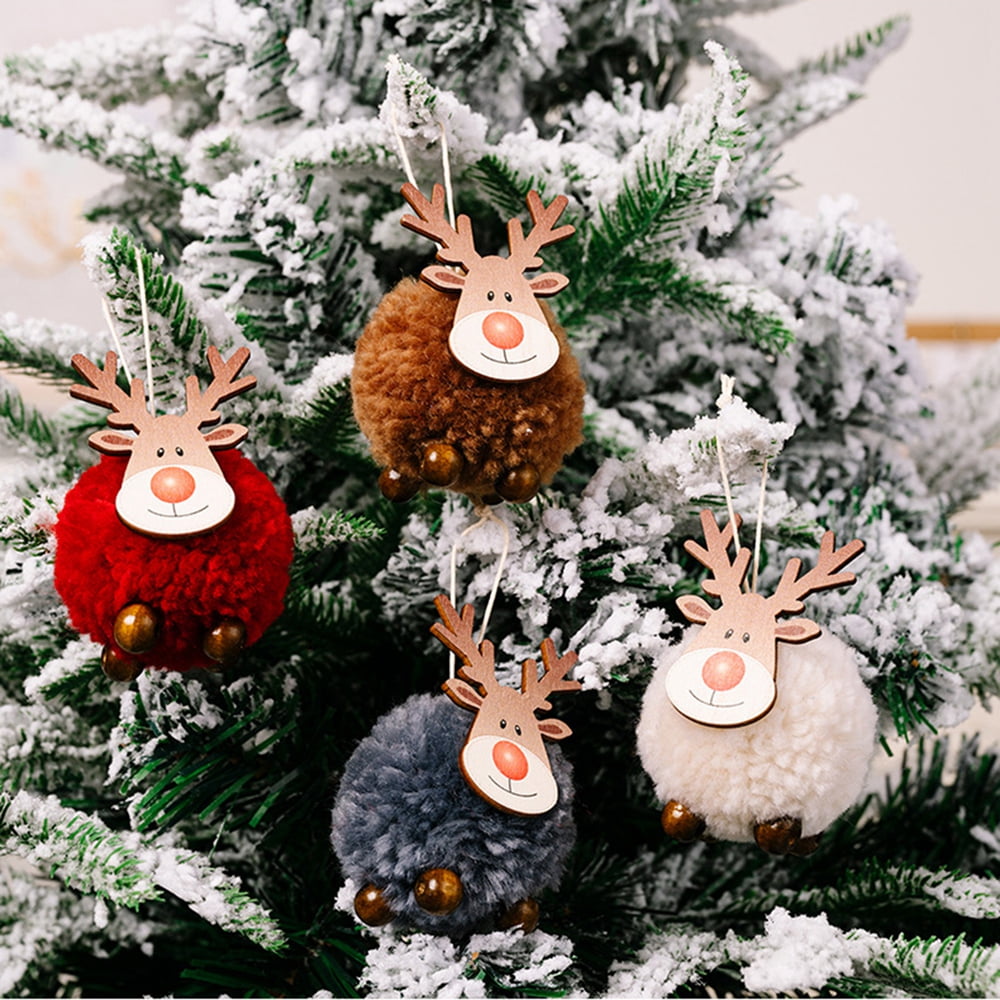 Christmas Wooden Wool Felt Reindeer Plush Elk Hanging Ornaments Christmas  Tree Decorations Deer Pendants Craft for Xmas Party Home Decor, 4PCS